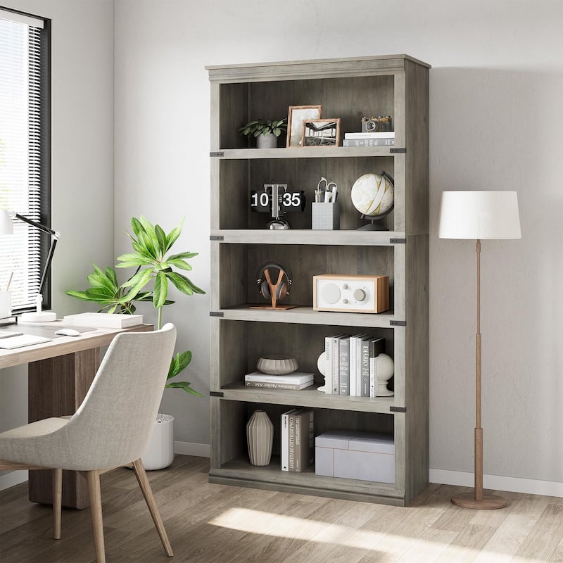 5 Tier Farmhouse Bookcase, 67.4" Tall Book Shelf with Storage, Wooden Bookshelves 5 Shelf - Grey