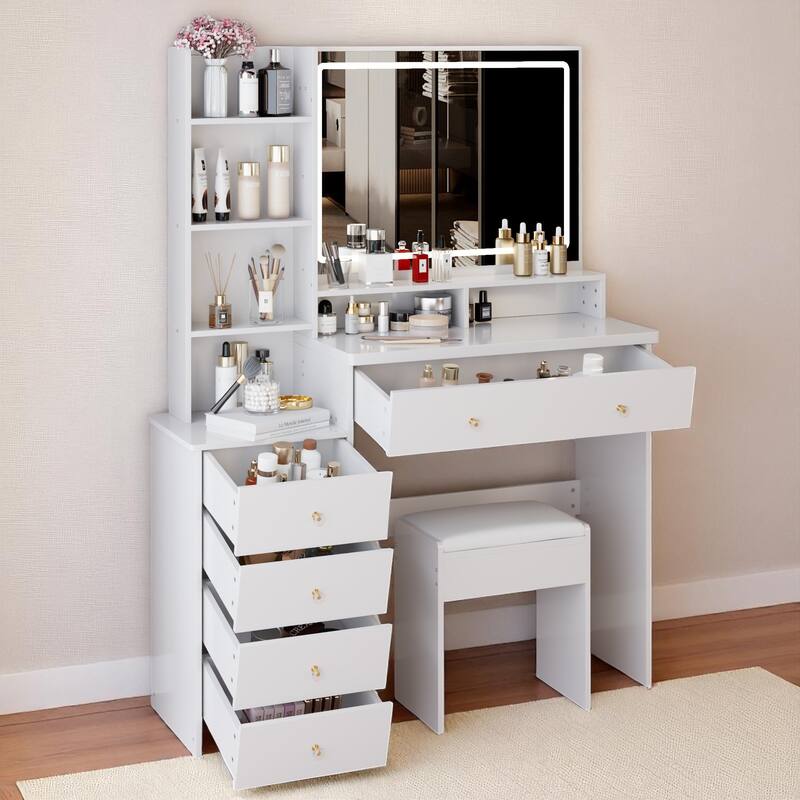 Makeup Vanity Desk with Extra Large Lighted Mirror, Left Drawer Cabinet, Adjustable LED Lighting, and Stool for Bedroom