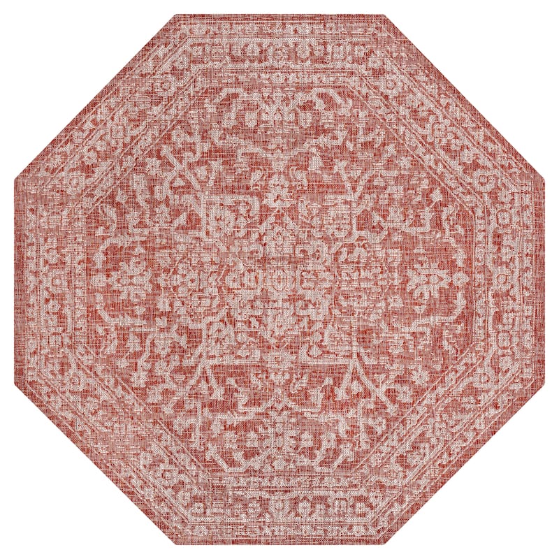 JONATHAN Y Medallion Textured Weave Indoor/Outdoor Area Rug - 5' Octagon - Red/Taupe