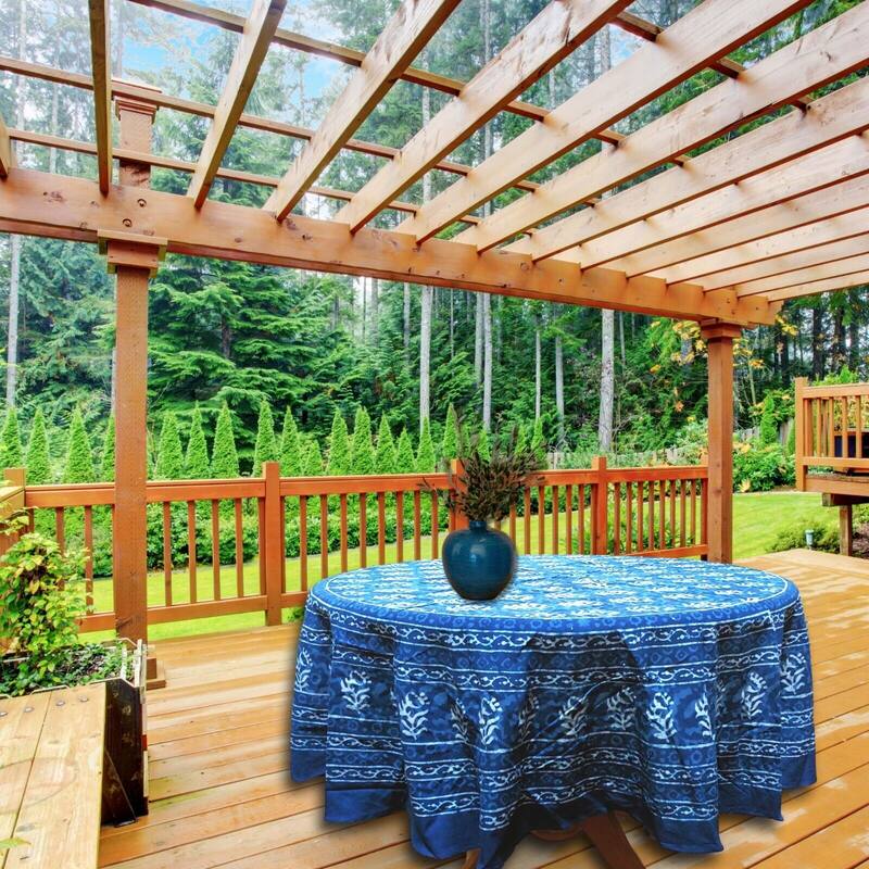 Regal Block Print Cotton Dabu Floral Tablecloth Collection - 72-in Round