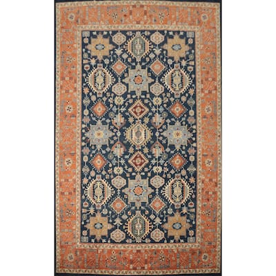 Hand Knotted Oriental 100% Wool Carpet Traditional All-Over Navy Blue & Blues Heriz (serapi) Area Rug - 13' 8'' X 10' 1''