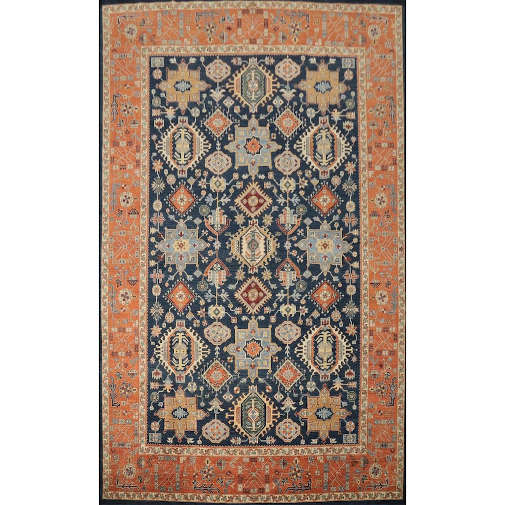 Hand Knotted Oriental 100% Wool Carpet Traditional All-Over Navy Blue & Blues Heriz (serapi) Area Rug - 13' 8'' X 10' 1''