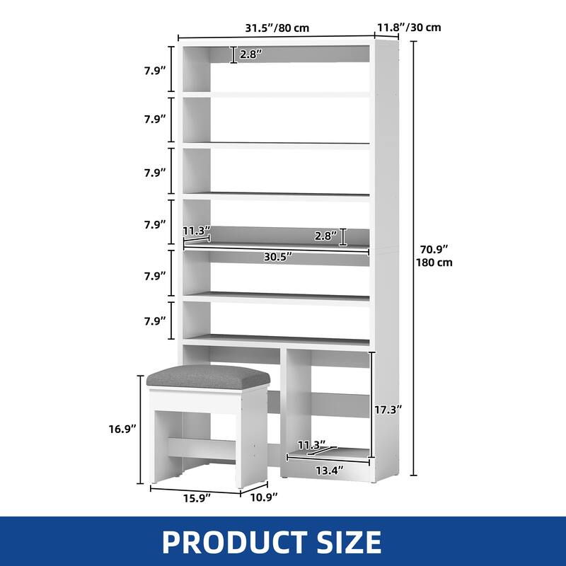 Moasis 8 Tiers Free Standing Shoe Cabinet with Hidden Bench, 70.9'' Tall Shoe Racks with Open Storage & High Boots Cubby