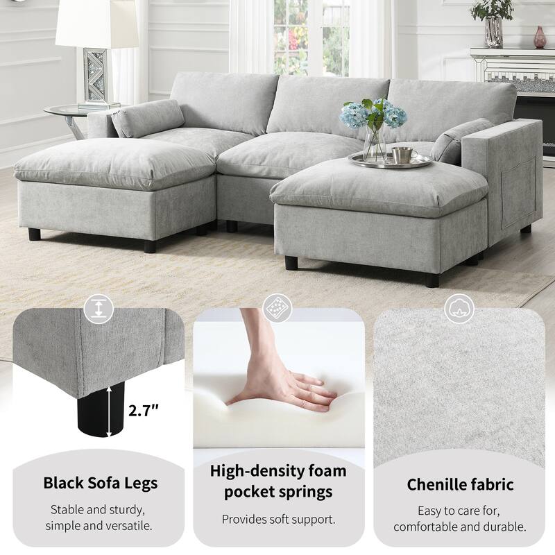 Roomfitters 86.5" Chenille Modular Sectional Sofa, Storage Pockets, 5 Seat U-Shaped Couch with Pillows & 2 Ottomans