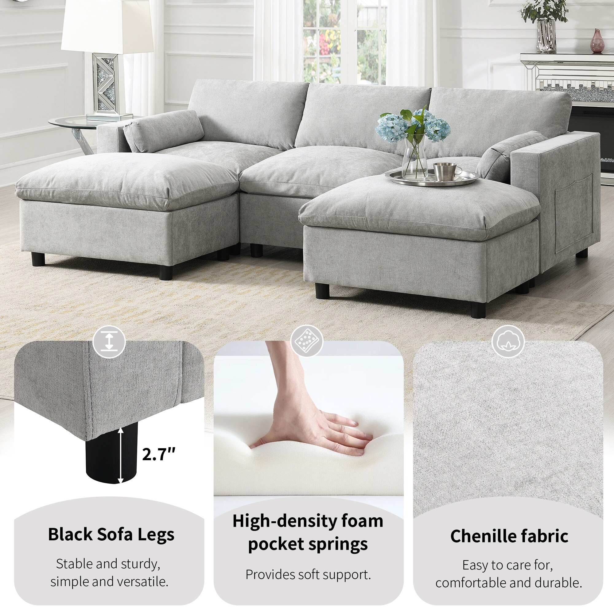 U-Shaped Convertible Sectional Sofa with 2 Movable Ottomans, Chenille Modular Cloud Couch Set with 2 Storage Pockets