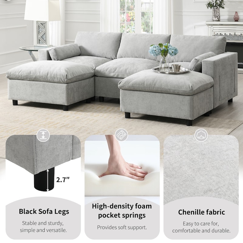 U-Shaped Modular Sectional Sofa, Modern 5 Seater Modular Sectional Couch with Movable Ottoman, Pillows, Storage Pockets
