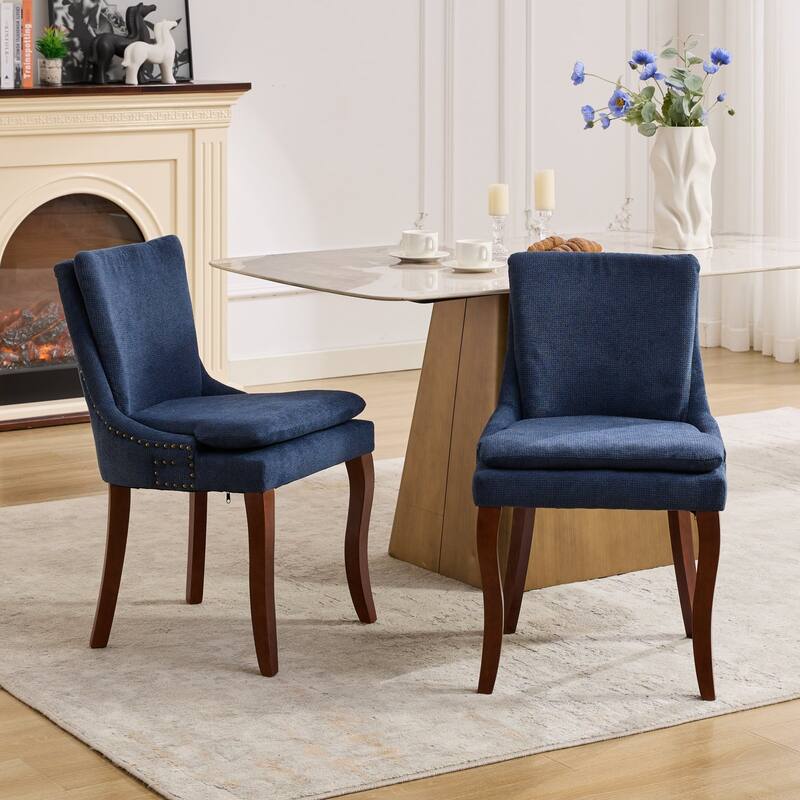 Double-layer Cushioned Dining Chairs Set of 2 Chenille Mid-Back Chair with Nailhead Trim Side Chair with Bent Wood Legs
