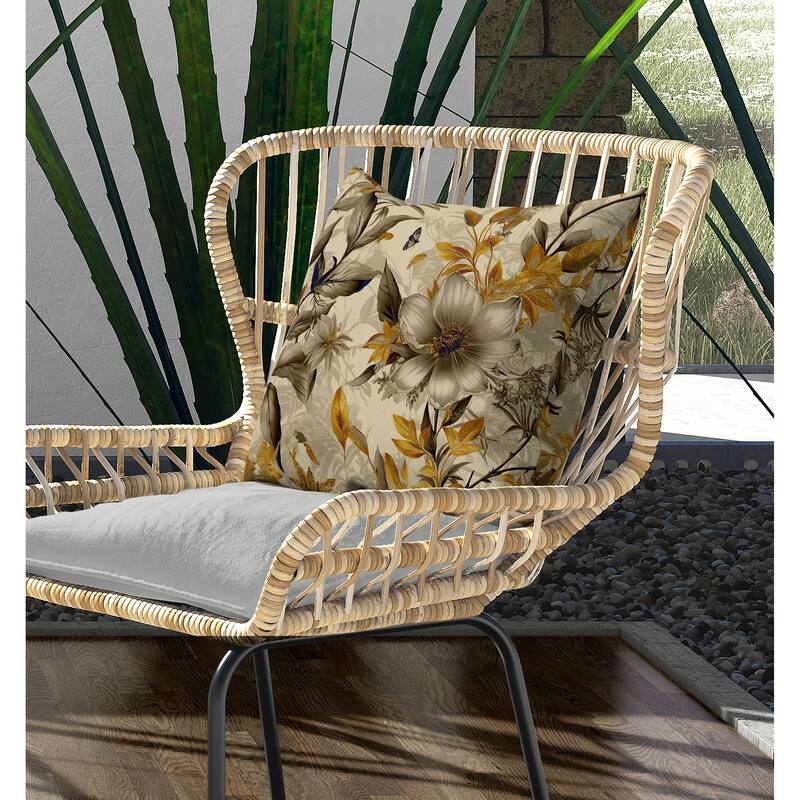 Exquisite Floral Breeze Indoor/Outdoor Reversible Throw Pillow Gold and Vanilla