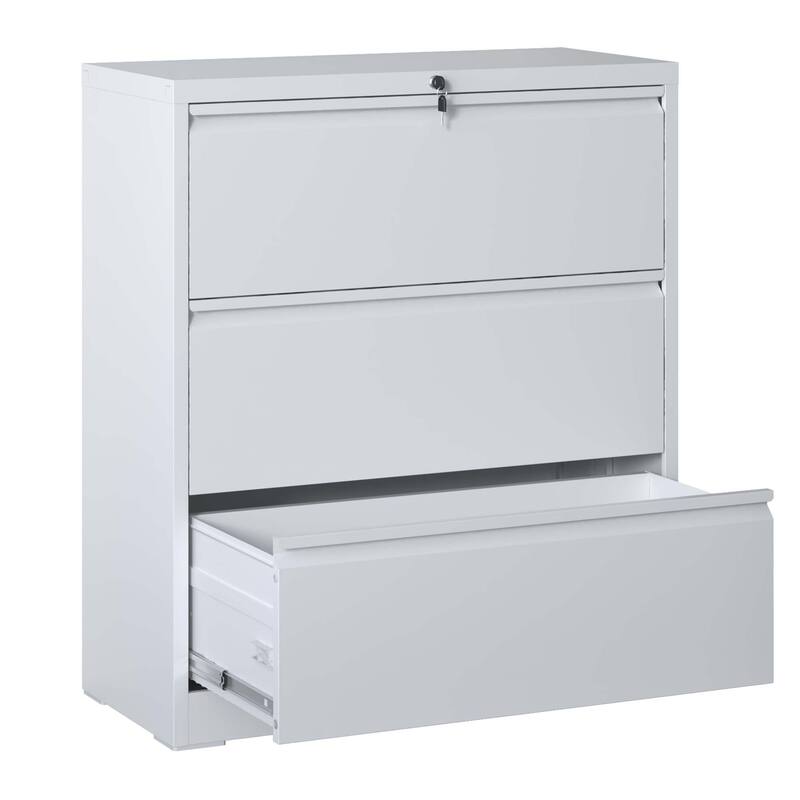 Lateral File Cabinet 3 Drawer,Filing Cabinet with Lock, Lockable File Cabinet for Home Office, Locking Metal File Cabinet - White
