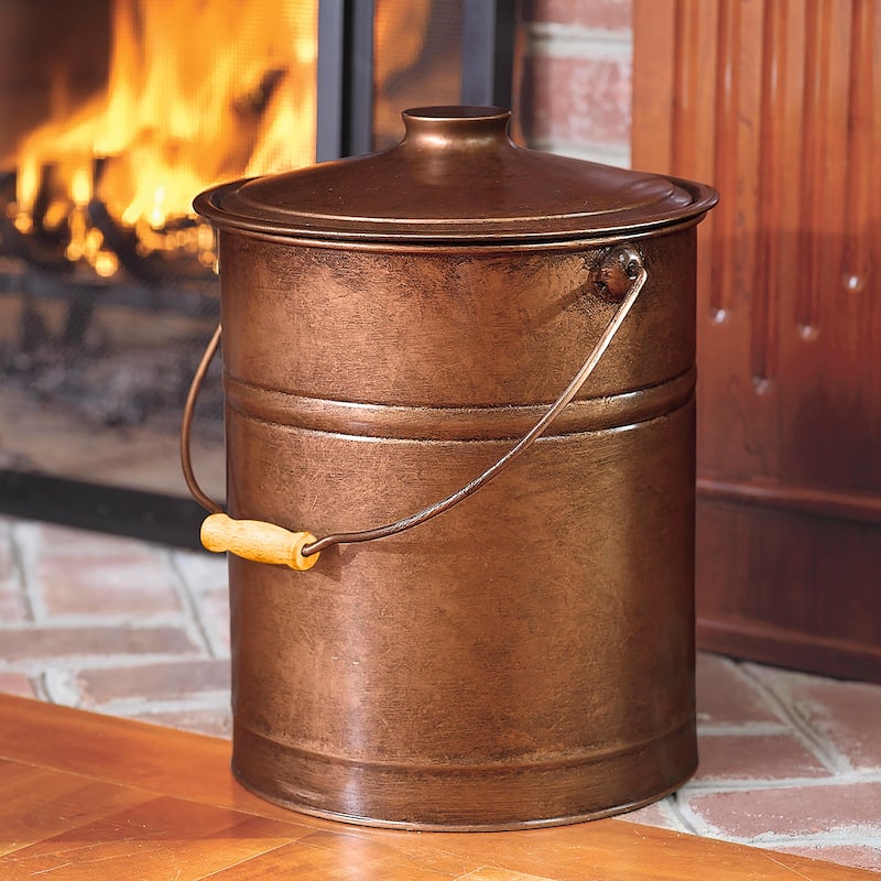 Deluxe Galvanized Ash Bucket with Handle, Lid and Double-Layer Bottom - Brown