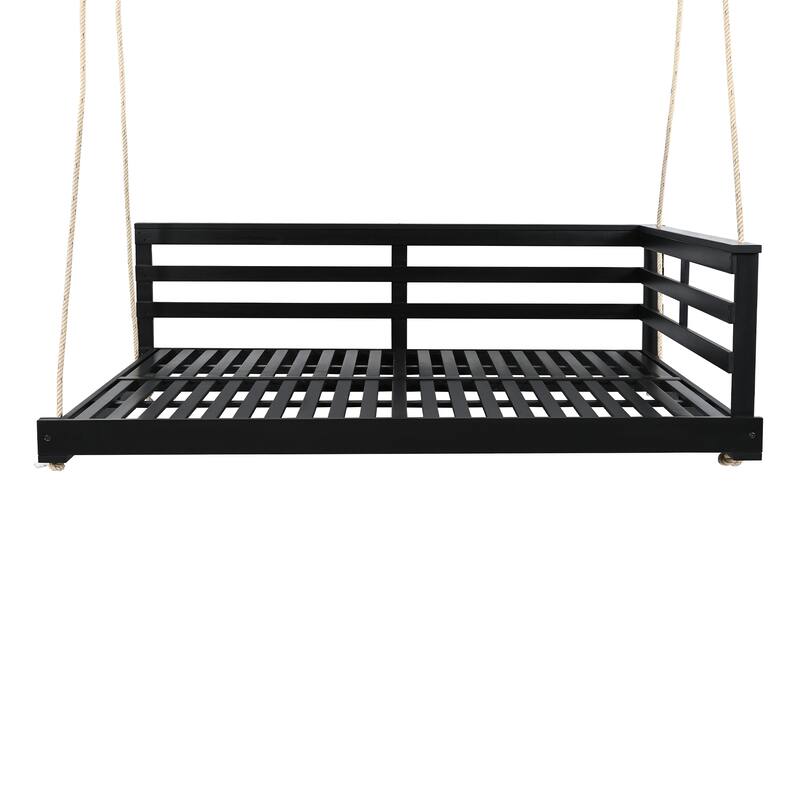 Acacia Wood Porch Swing Bed for Outdoor with Hemp Ropes - Full Size Hanging Bed, 350lbs Capacity, Open-Side Minimalist Design