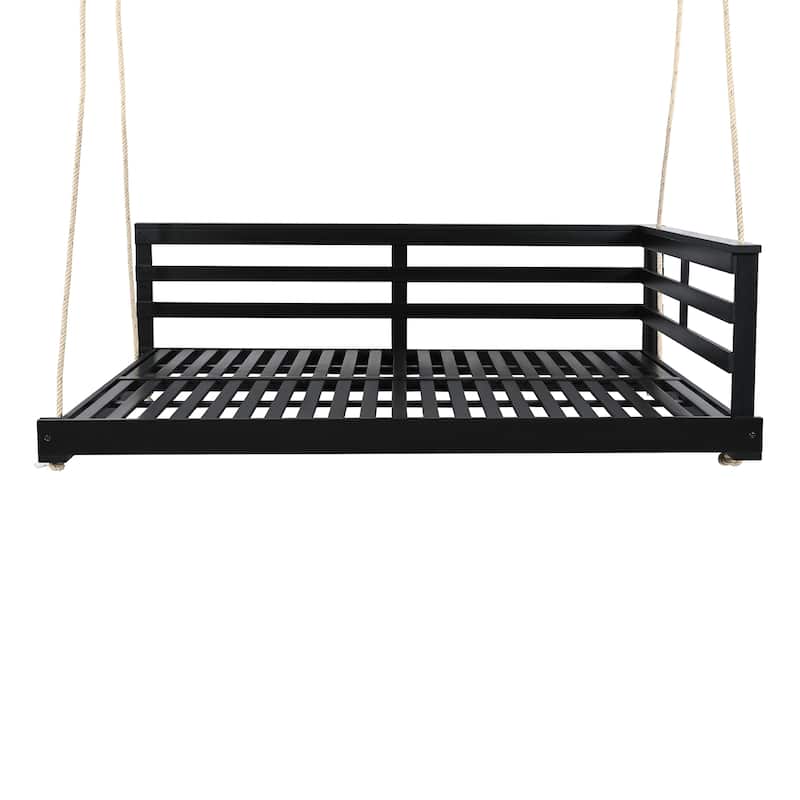 Roomfitters Outdoor Full Size Hanging Porch Swing Bed, Acacia Wood Frame with Hemp Ropes for Patio, Backyard, Garden