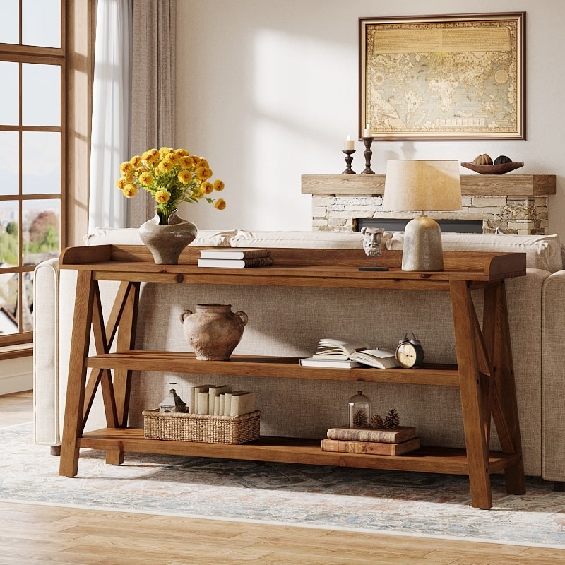 63 Inch Solid Wood Console Table with 3 Tier Storage Shelves, Sofa Back Table, Farmhouse Style - 62.99" L x 13.78" W x 35.83" H