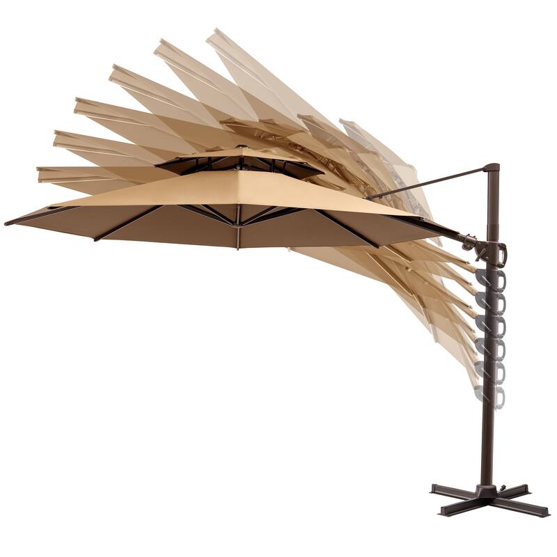 11 ft Outdoor Aluminum Dual Top Solar Powered LED Lighted Patio Cantilever Umbrella and Weighted Base