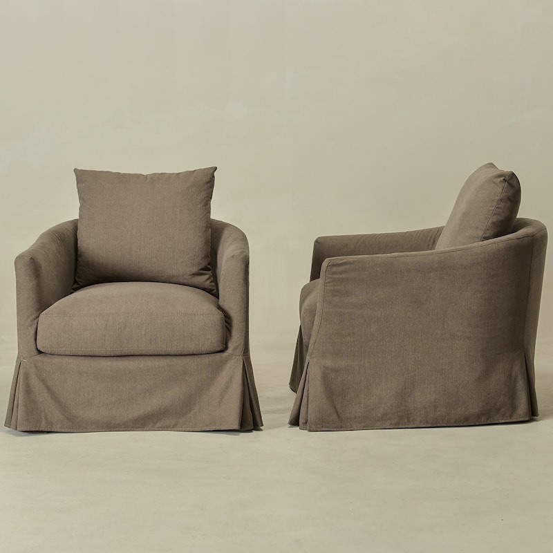 KINWELL 32" W Down Fill Upholstered Slipcovered Swivel Barrel Accent Armchair