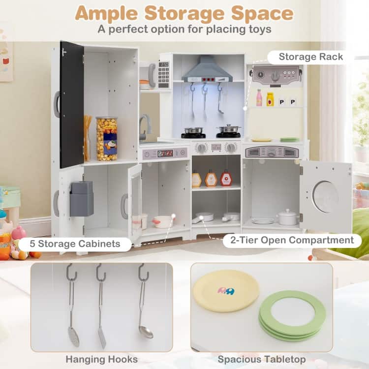MDF Kids Corner Play Kitchen with Lights, Sounds and Ice Maker - 52" × 18.5" × 36"