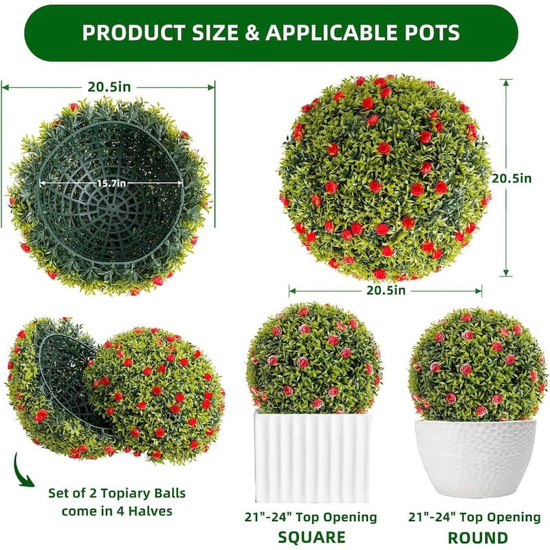 2 Pack 20.5" Artificial Flowers Topiary Balls for Home Decor, Wedding - 20.5 inch