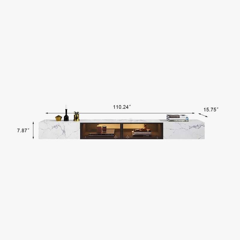 Floating Wall Hung TV Stand, Modern Hanging TV cabinet with Motion Sensor LED, 4 Flip-down Doors, White Stone
