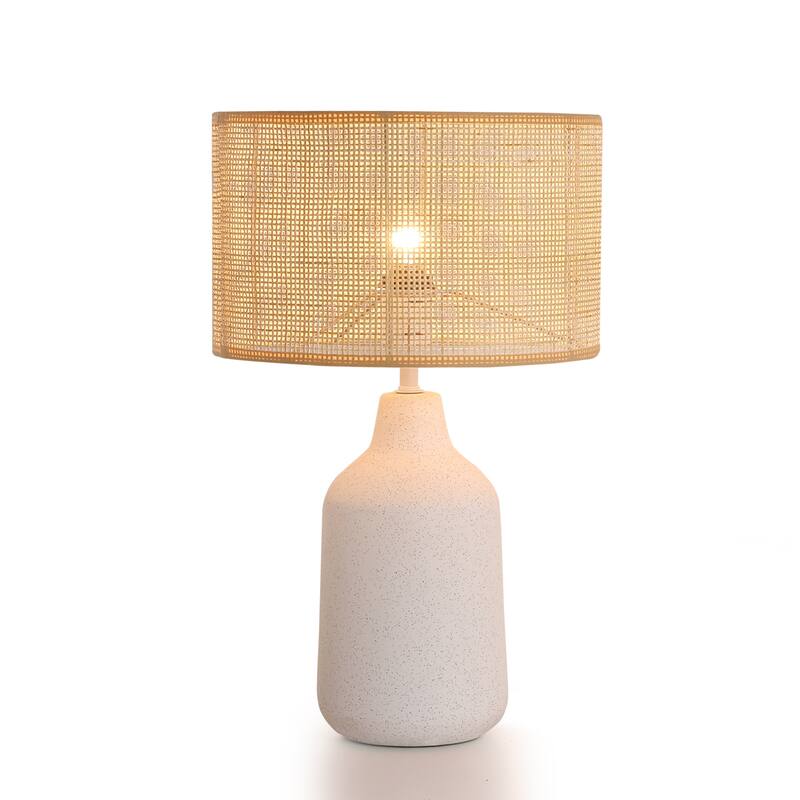 21 in. Boho Ceramic Table Lamp with Ceramic Base and Rattan Shade for Living Room, Bedroom, Dining Room - White