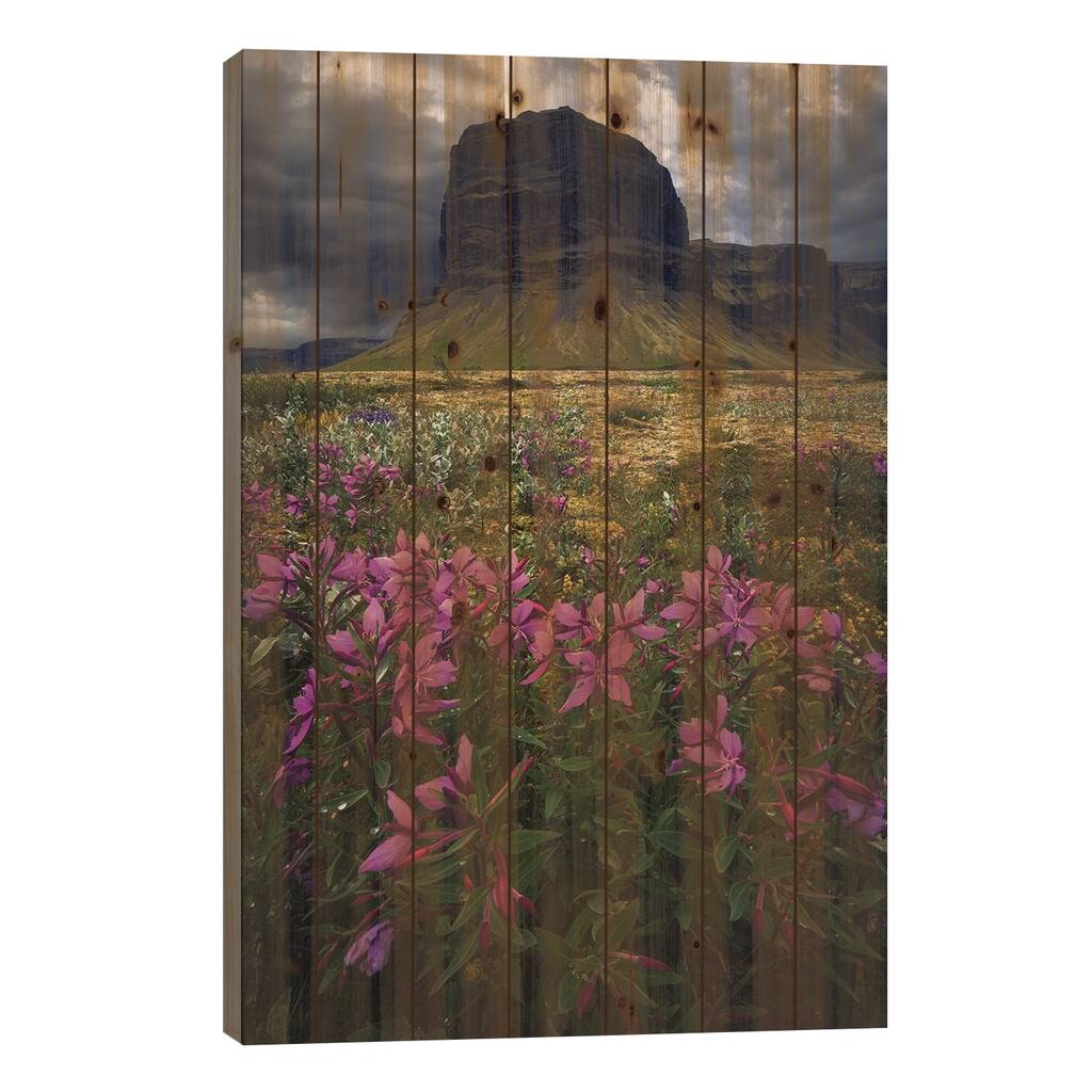 Icelandic Mountains And Flowers Print On Wood by Daniel Gastager - Multi-Color