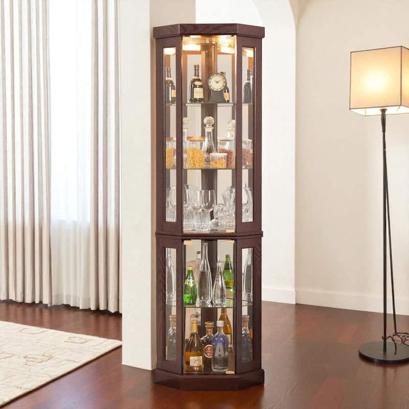 Corner Lighted Glass Curio Cabinet with Adjustable Shelves, Mirrored Back and Display Doors