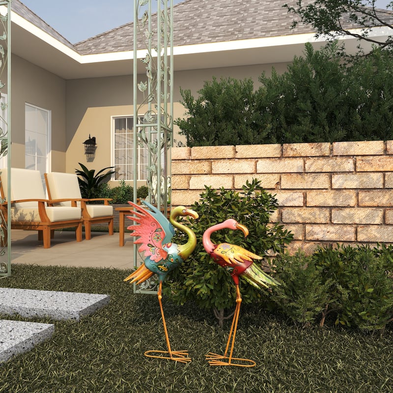 Metal Flamingo Indoor Outdoor Embossed Standing Decorative Garden Sculpture - Set of 2 Multi Colored - Roche River Decor