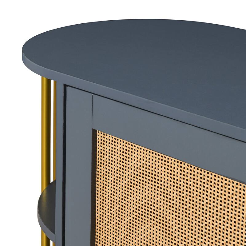 Woven Rattan Doors Sideboard & Buffet Curved Side Cabinet with Gold Trim, Dark Gray Bar Cupboard Console Table Accent Cabinet