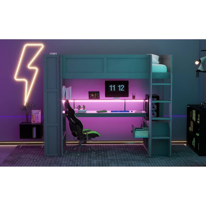 Wood Twin Size Gaming Loft Bed with Desk, Multi-storage Shelves, LED and Charging Station