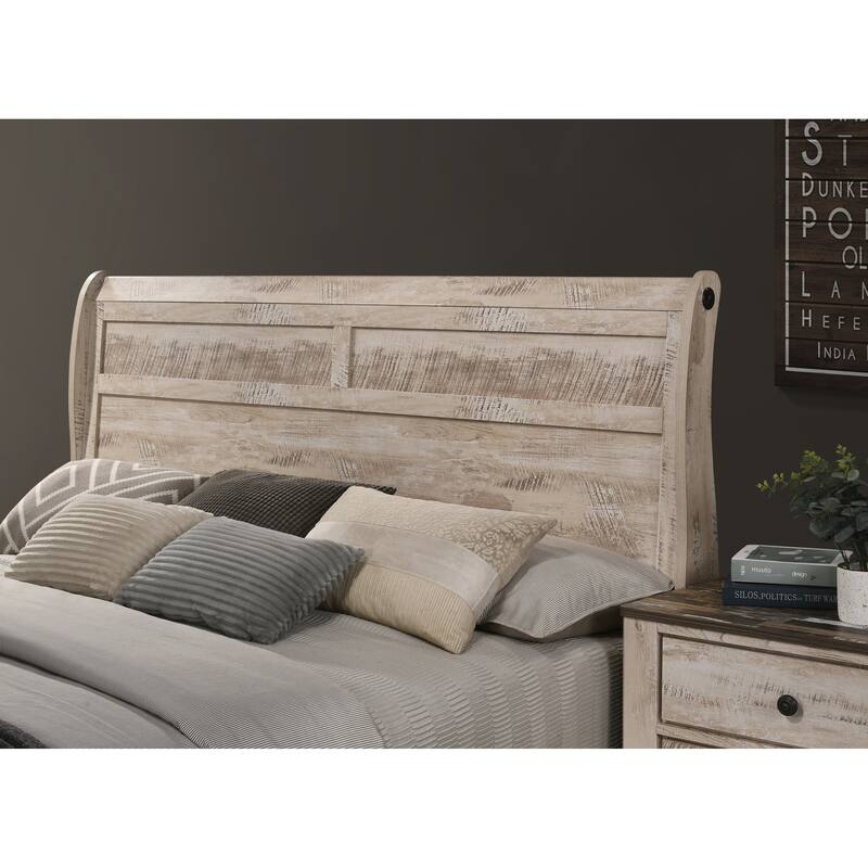 Imerland Contemporary White Wash Finish Bedroom Set with King Sleigh Bed, Dresser, Mirror, Nightstand, Chest