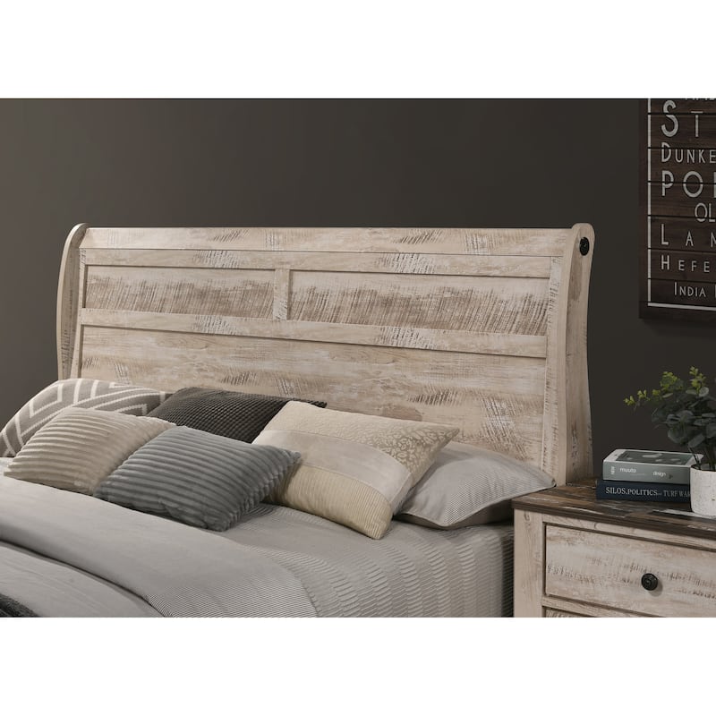 Roundhill Furniture Imerland Contemporary White Wash Finish Bedroom Set with Sleigh Bed, Dresser, Mirror, Two Nightstands, Chest