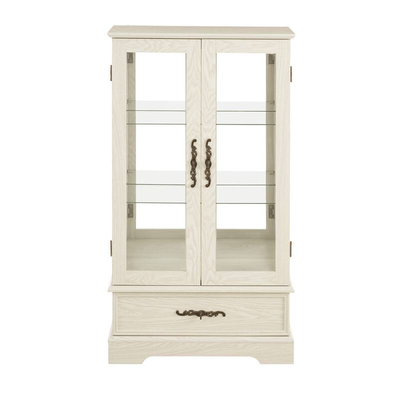 Lighted Glass Display Curio Cabinet with Door, 3 Shelves, Bulb, Drawer