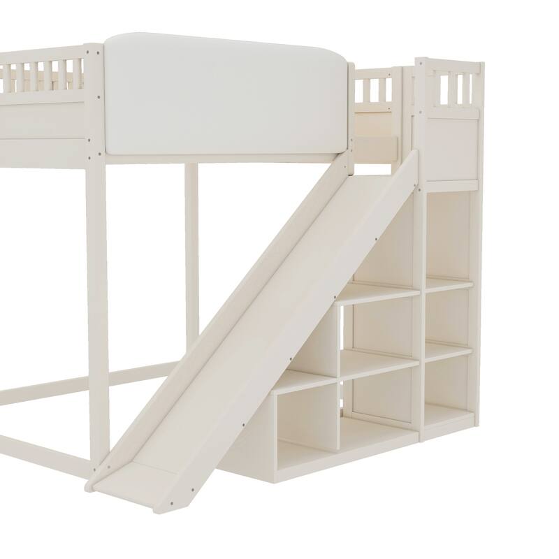Roomfitters Loft Bed with Upholstered Headboard and Slide, Storage Shelves and Ladder