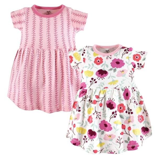 slide 2 of 2, Touched by Nature Baby and Toddler Girl Organic Cotton Short-Sleeve Dresses 2pk, Botanical 3T - Baby Toddler Botanical Short Sleeve