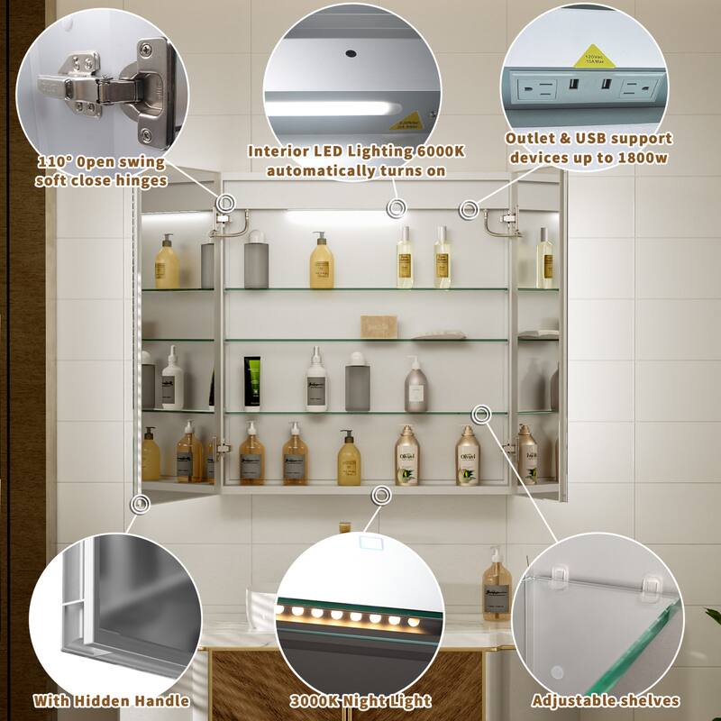 Modland 30"-60"W x 32"H Bathroom LED Medicine Cabinet with Mirror and Shelves, Defog and Stepless Dimming