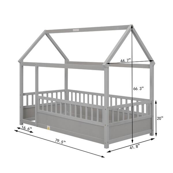 Kids and Baby Twin Size Floor House Bed with House Roof Frame and Fence Guardrails