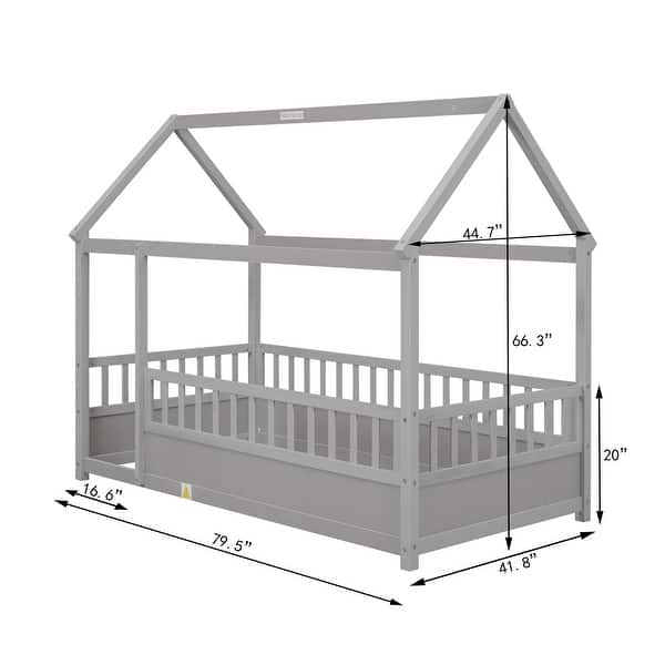 dimension image slide 1 of 2, Twin Size Pine Wood Floor Bed with House Roof Frame, Fence Guardrails for Kids, Boys and Girls