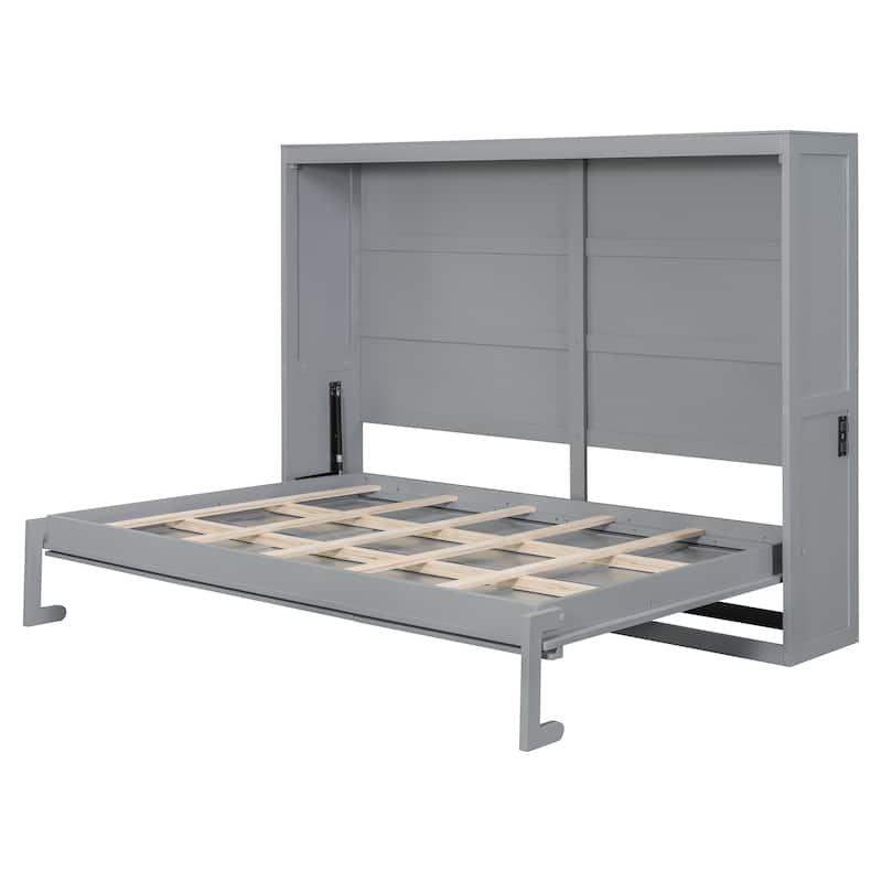 Murphy Bed Cabinet Bed with Circular Carving Pattern and Built-in Charging Station for a Multi-use Guest Room, Home Office