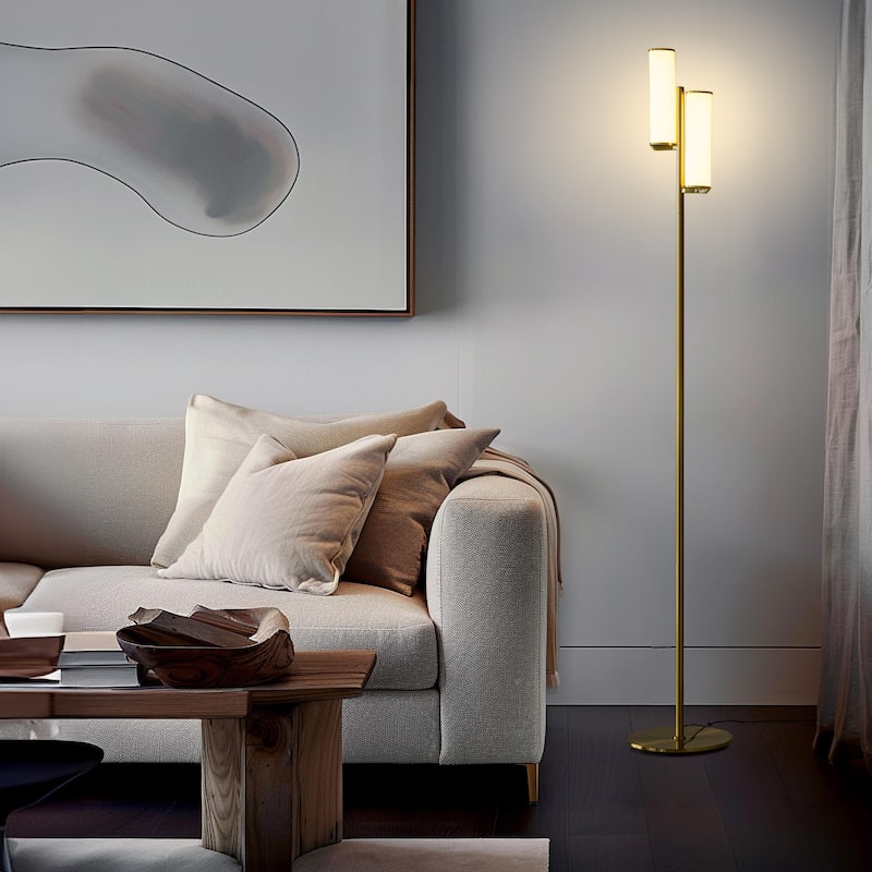 Brightech Gemini 64 in. Antique Brass Industrial 2-Light 3-Way Dimming LED Floor Lamp with 2 Frosted White Glass Cylinder Shades