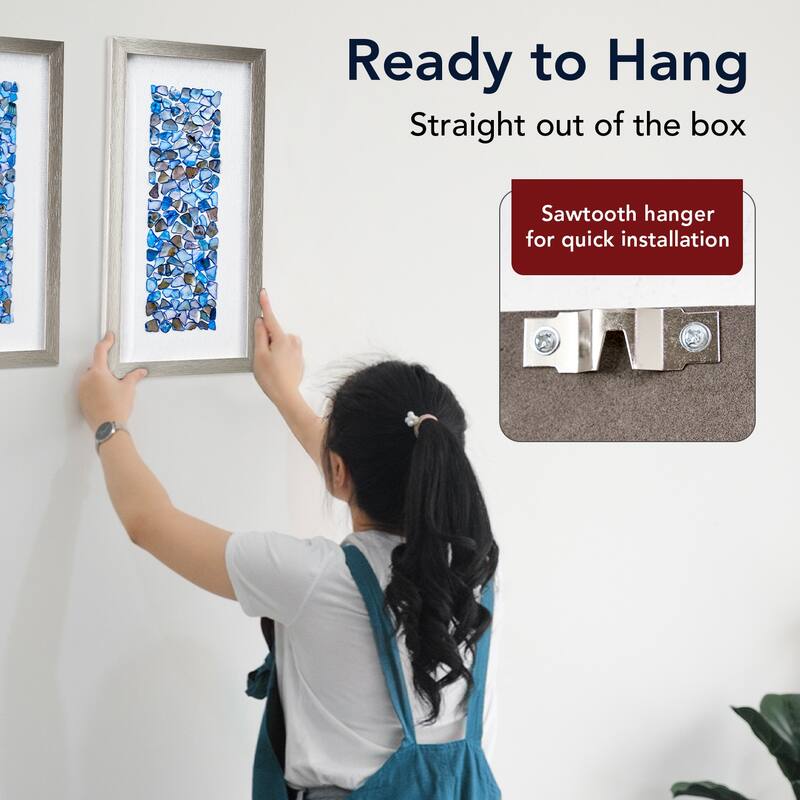 American Art Decor Blue Seashell Mosaic 3D Textured Wall Art, 2 Piece Set - Coastal Vertical Panels with Champagne Frame