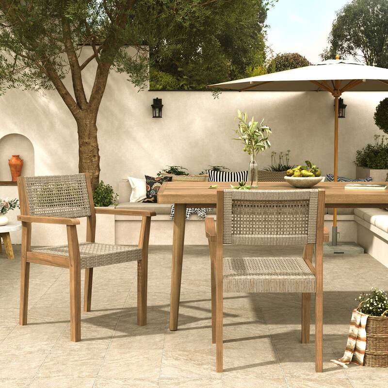 Roomfitters Amaris Outdoor Acacia Wood Dining Chairs with Wicker Accents, Teak Finish Set of 2