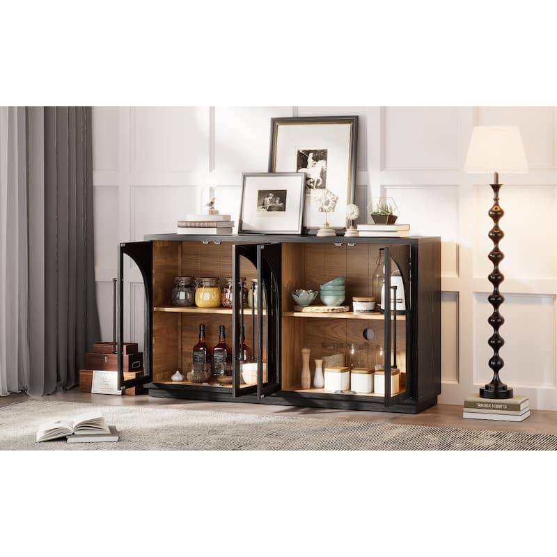 4-Door Large Storage Buffet Cabinet with Glass Doors and Adjustable Shelves