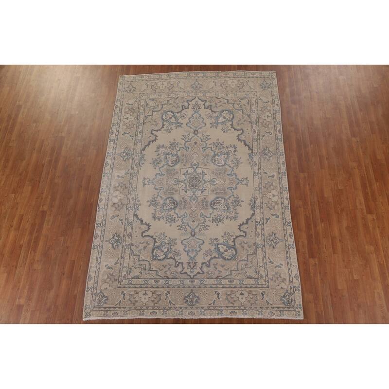 Vintage Distressed Tabriz Persian Rug Beige Handmade Wool Carpet - 6'11" x 10'4"
