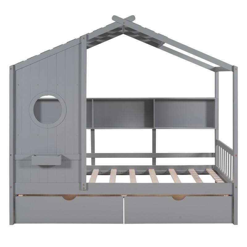 Twin Size Wooden House Bed with 2 Drawers and Storage Shelf