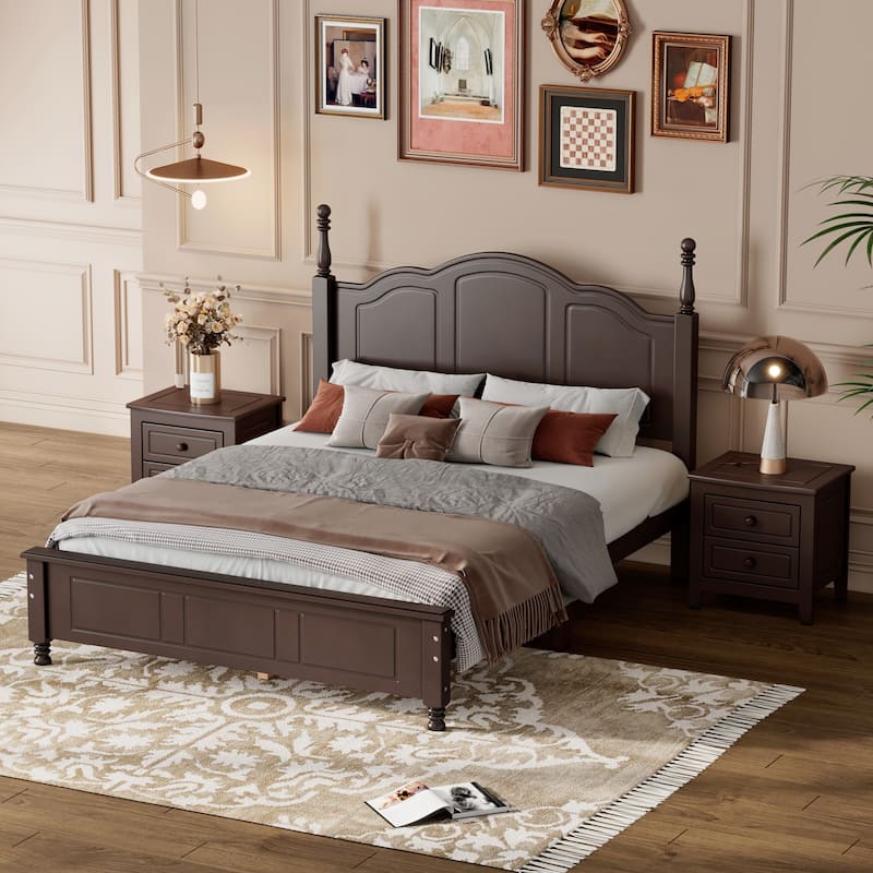 3-Pieces Bedroom Sets, Full/Queen Size Wood Platform Bed & 2 Nightstands, Modern Bed Frame w/ Headboard, Nightstand w/ 2 Drawers
