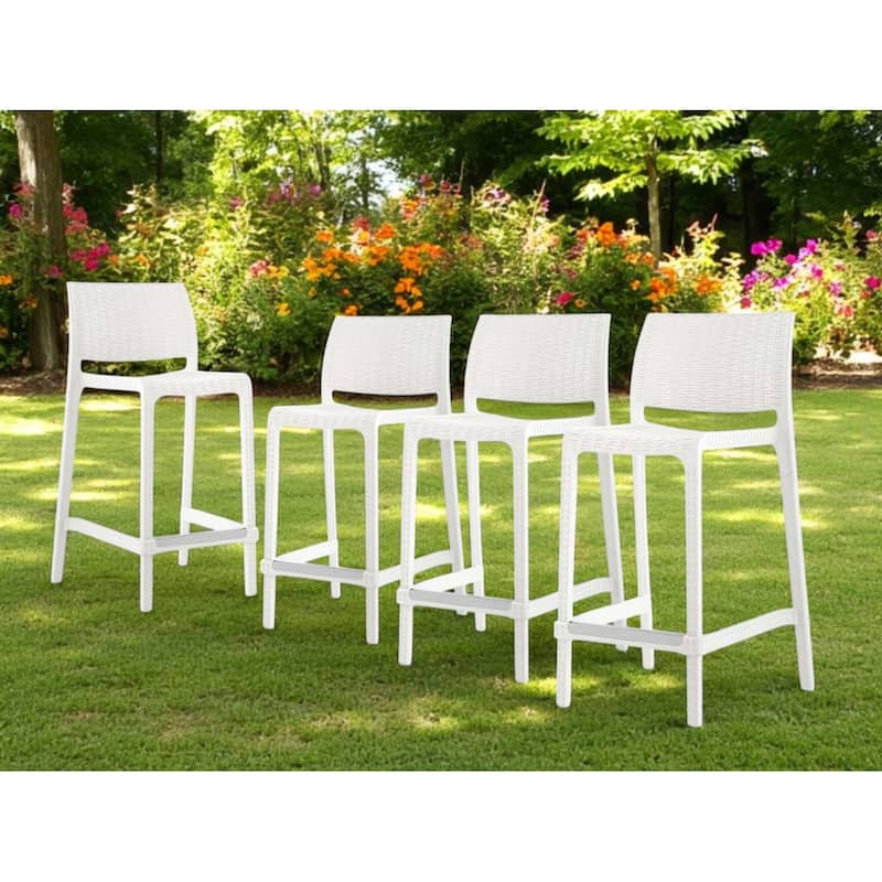 HomeRoots Set of Four 26" White Faux Rattan Heavy Duty Plastic Low Back Outdoor Counter Height Bar Chairs - White