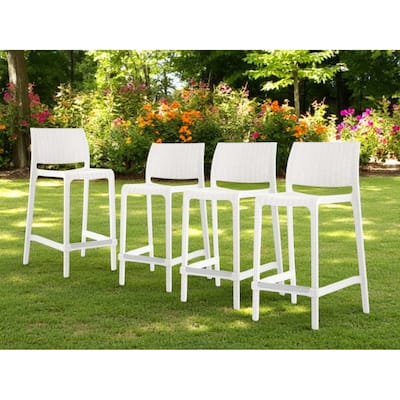 HomeRoots Set of Four 26" White Faux Rattan Heavy Duty Plastic Low Back Outdoor Counter Height Bar Chairs