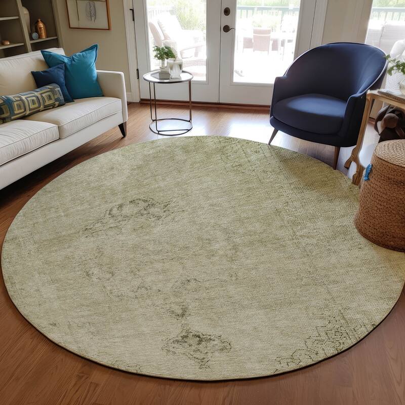 Machine Washable Indoor/ Outdoor Chantille Vintage Traditional Rug - Beige - 8' x 8'