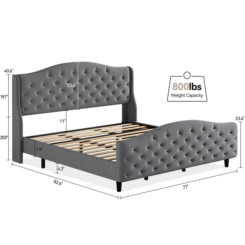 Elam Grey Tufted Upholstered Platform Bed Frame with Headboard and Footboard
