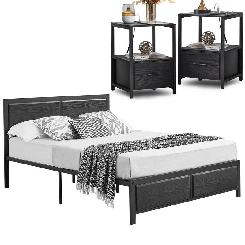Bedroom Set of 3 Wood Headboard Platform Bed Frame Set of 2 Nightstands with Charging Station USB Port