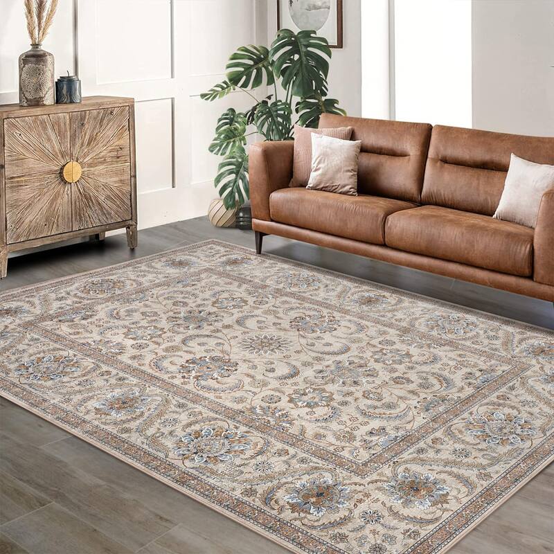 Washable Area Rugs for Living Room Stain Resistant Carpet Vintage Rugs Bedroom Low Pile Non Slip Accent Carpet - 5' x 7' - Beige
